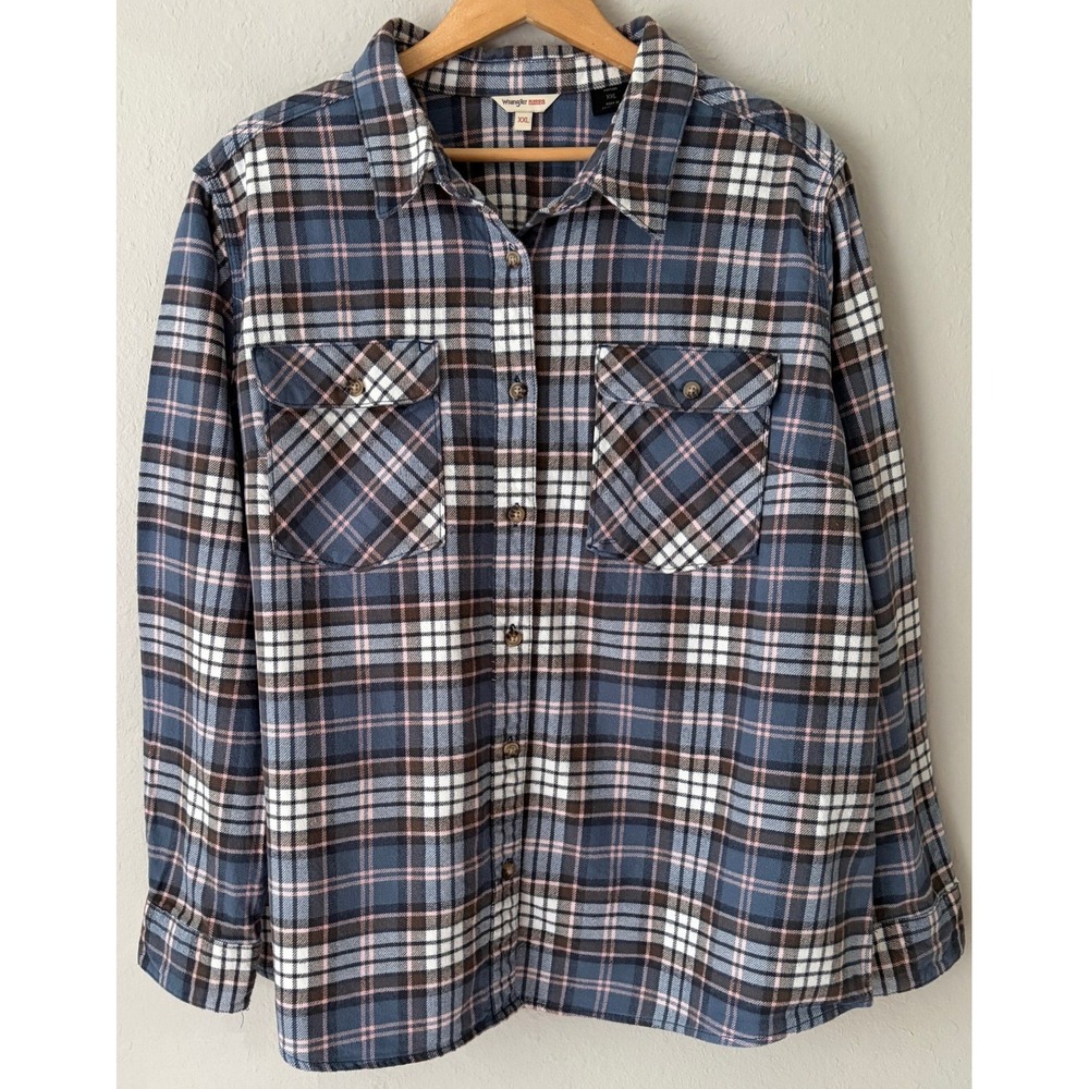Wrangler Womens Plaid Flannel Riggs Workwear Shirt XXL Blue Brown Pink Button Up